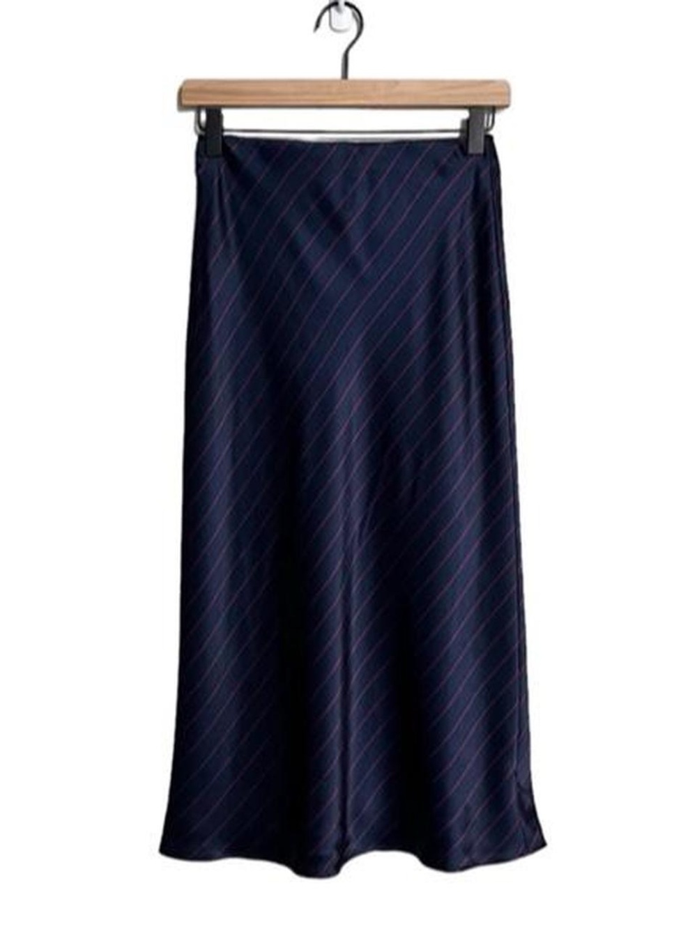 L'AGENCE Navy Midi Skirt with Pink Pinstripes